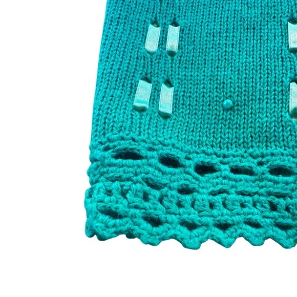 Cervelle Green Crochet Trim Whimsical Knit Sweater Ribbon Embroidered Floral L - Picture 11 of 15